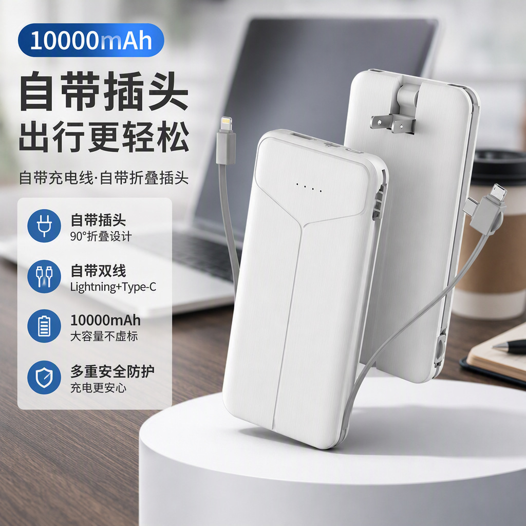 跨境自带线10000毫安插头快充电宝轻薄礼品迷你移动电源印制LOGO