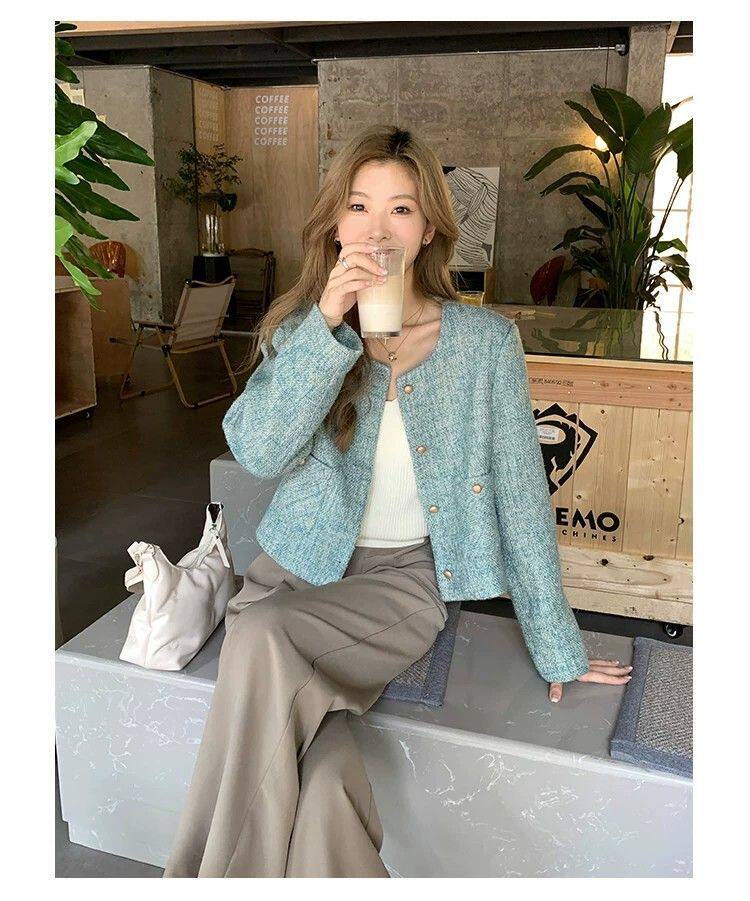 Áo khoác nữ dáng ngắn cổ tròn dài tay phong cách Pháp chấm bi — Màu xanh dương chi tiết 7