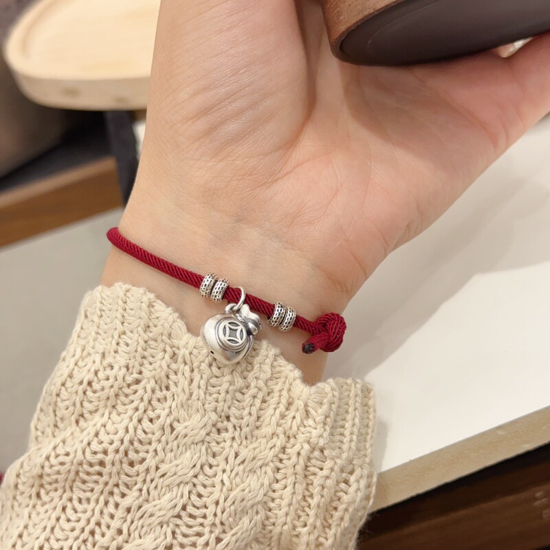 Foot Silver 999 Xiao Pang Fu Pendant Bracelet 3D Ancient French Fu Bag Red Rope Hand Rope Family New Year Gift