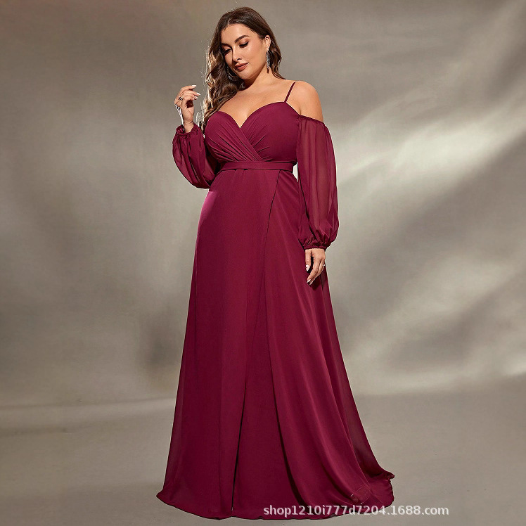European and American Export New Style Large Hem V Neck Trumpet Sleeve Dress Slim Long Skirt Birthday Party Bridesmaid Evening Dress for Women