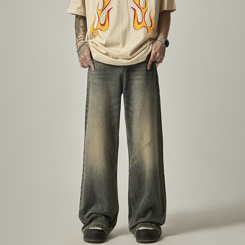 ISIETS Retro Ankle-Destroyed A-Style American Denim Pants for Men, Ins Trend Brand Straight Leg Loose Wide Leg Long Pants