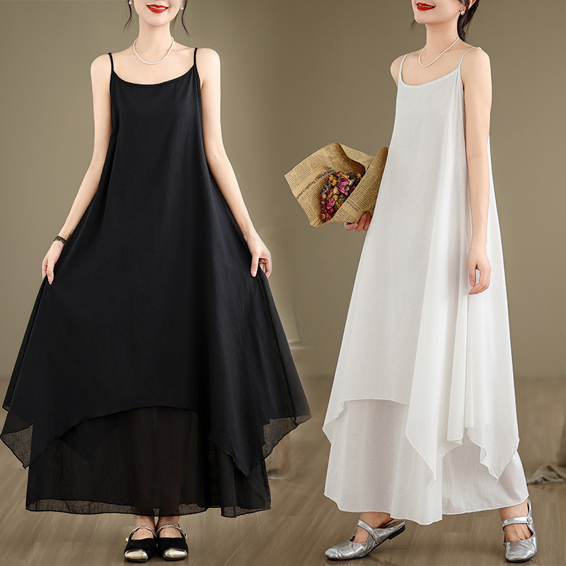 Actual Shot of Summer New Normcore Extended Suspender Skirt with Asymmetrical Curved Hem and Double-Layered Elegant Long Skirt Dress