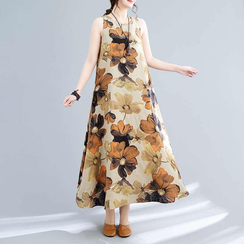 Vestido midi estampado sem mangas com gola redonda, estilo boêmio, plus size, para o verão de 2024._voghion.com