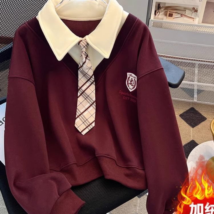 College style contrast color fake two-piece Polo collar tie sweater women's autumn and winter 2024 new fashion fleece-lined thick top