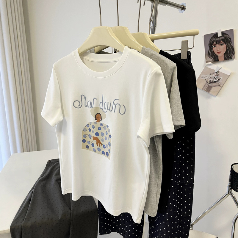 Slow-Paced Korean-Style Relaxed Printed Straight-Shoulder T-Shirt for Women 2026 Summer Versatile White Short-Sleeve T-Shirt Top for Women