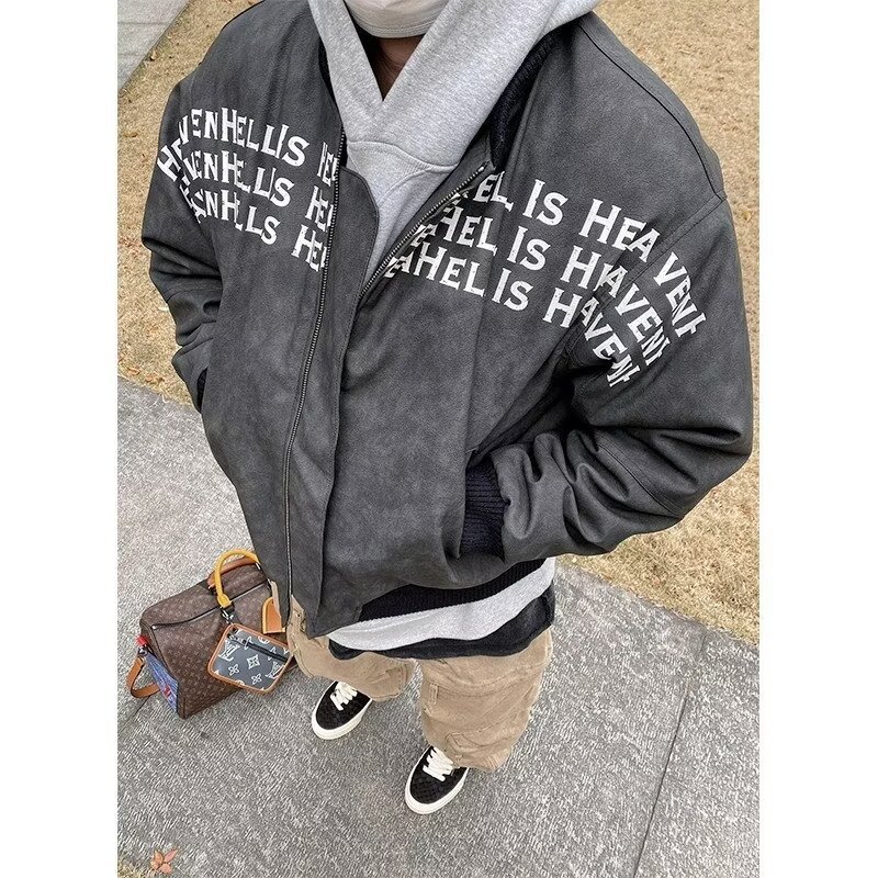 Calle alta de béisbol cuello teñido chaqueta de cuero PU chaqueta hombre hip-hop moda callejera chaqueta de cuero suelta alta sensación