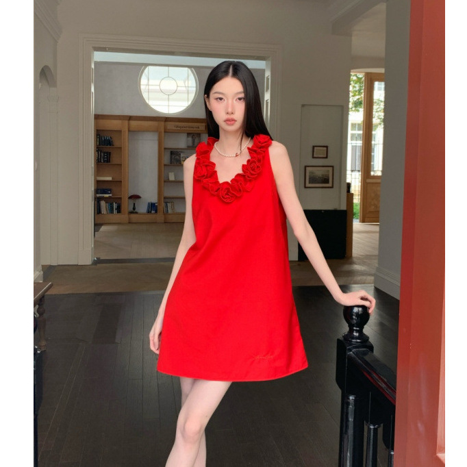 French V Neck Knotted Flower Neckline Sleeveless Dress Elegant Vest Dress