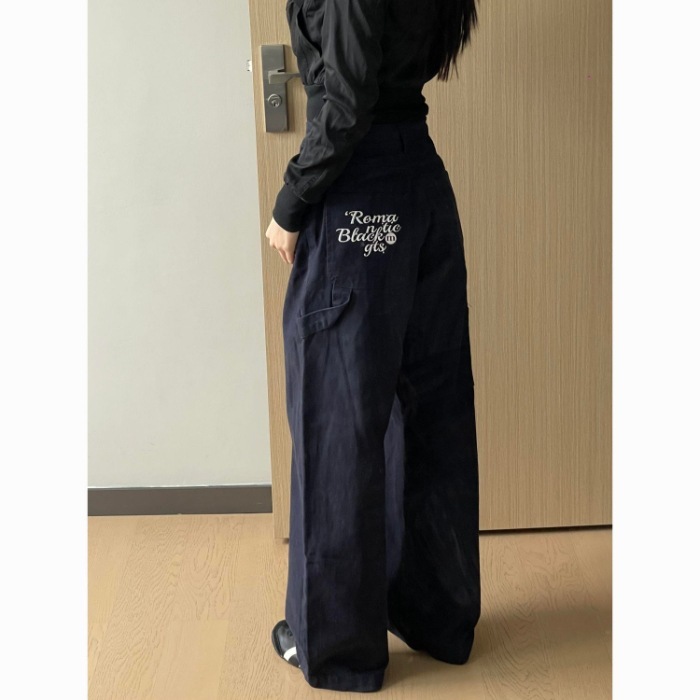 【广州新塘牛仔】复古藏青色工装牛仔裤女设计感宽松显瘦直筒阔腿|undefined