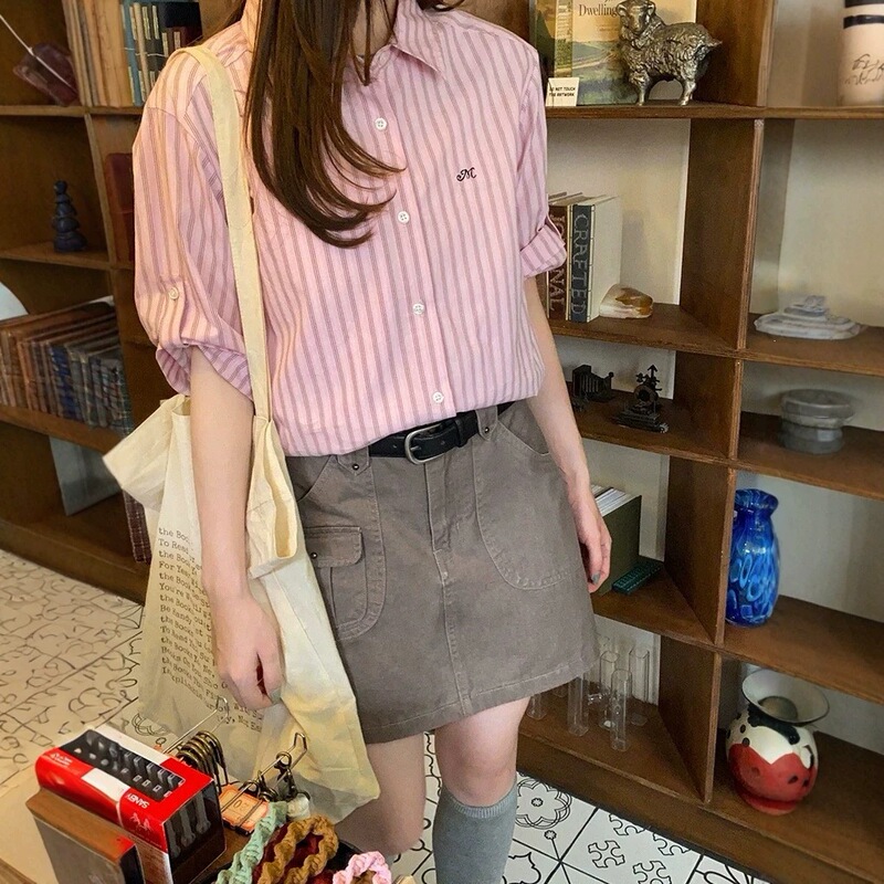 Self-Made Embroidered Sleeve Tab Design Pure Cotton Vertical Stripe Shirt for Women, Spring/Summer Petite Top Self-Made Embroidered Sleeve Tab Design Pure Cotton Vertical Stripe Shirt for Women, Spring/Summer Petite Top