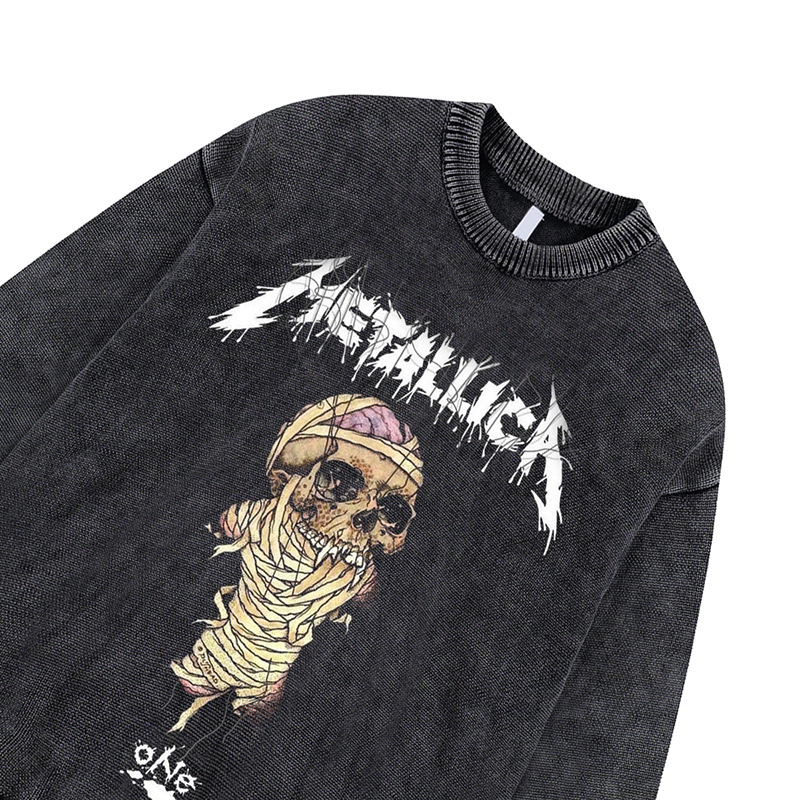 TKPA Metal Band Punk Print Knit Crew Neck Sweatshirt Western Street Washed Casual Loose Sweater for Men and Women