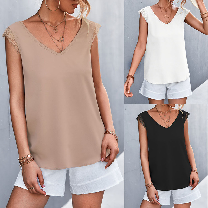 2022 Spring and Summer New Amazon Independent Station Cross-border Hot Sale Front and Rear V-Neck Lace Stitching Casual Sleeveless Top