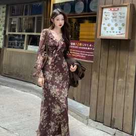 跨境亚马逊速卖通欧美春秋季女装长袖印花低胸V领绑带连衣裙女碎