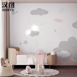 简约云朵卡通儿童房壁纸女孩卧室墙布幼儿园壁布北欧墙纸挂画壁画