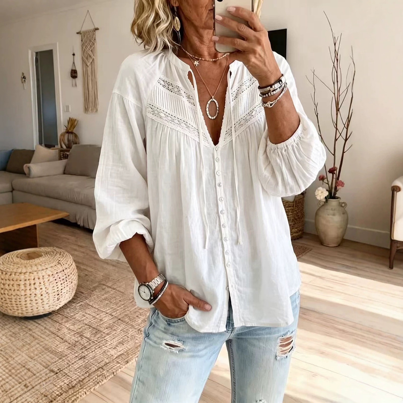 2026 Amazon Independent Site European and American Cross-Border Vacation Bohemian Lace Patchwork Cotton-Linen Lantern Sleeve Shirt