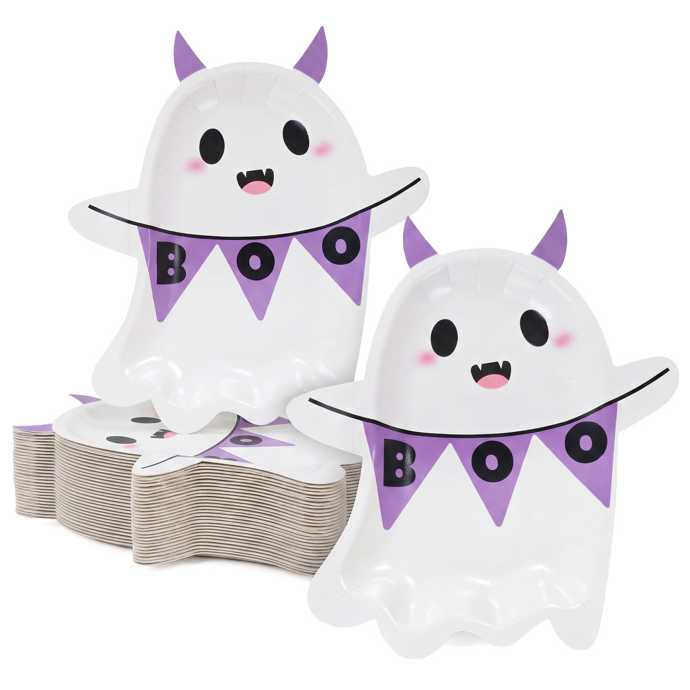 Food-grade glossy paper plates with devil and ghost designs, BOO Halloween alien-shaped paper plates, disposable dinner plates for children's Halloween parties
