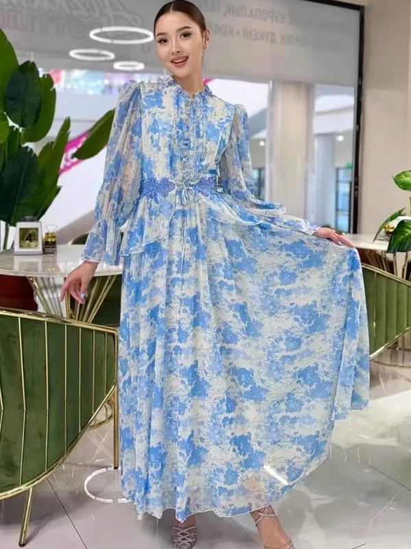 清晰甜美宫廷风长裙夏秋新款长袖印花立领纽扣腰封钉珠收腰连衣裙|undefined
