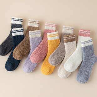 Socks women autumn and winter coral fleece warm striped tube socks ladies half velvet padded floor socks manufacturers wholesale