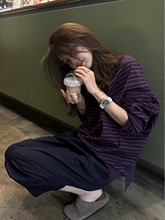 港风chic复古设计感撞色条纹t恤女宽松休闲长袖打底衫上衣早秋季