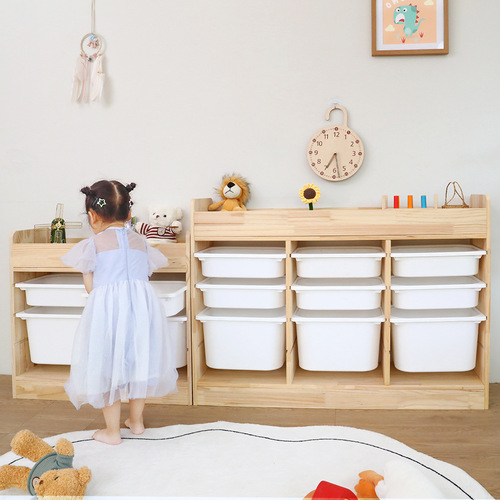 Solid Wood Children's Room Toy Storage Cabinet, 2-in-1 Combination Storage Rack Bookshelf, Large Capacity Living Room Balcony Shelf