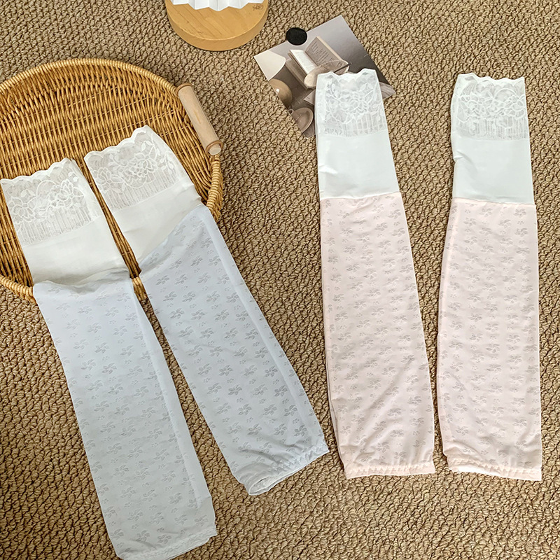 Costuras de encaje, protector solar, mangas de hielo, mangas, mujeres, verano al aire libre, conducción, parasol, mangas sueltas de seda de hielo con sensación de hielo