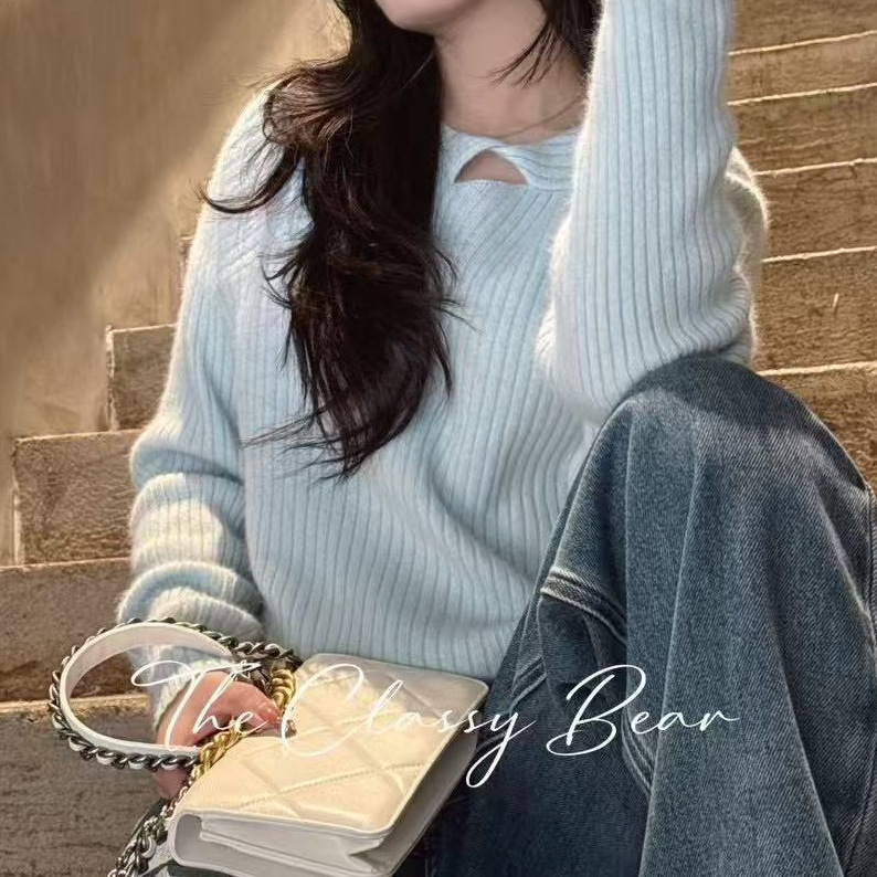 2025 nuevo diseño de torsión de hombro suéter de overhead mujeres otoño invierno vestido en el interior con camiseta de punto de manga larga image 5