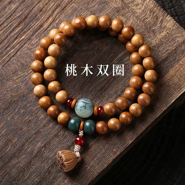 Six-character mantra prayer beads with lotus pod double-loop bracelet, Chinese-style good luck lotus cultural accessory, prayer beads bracelet for men and women
