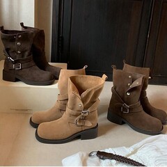牛皮版~葡萄妈同款增高5.5cm马丁靴女美拉德粗跟靴子厚底扣带短靴