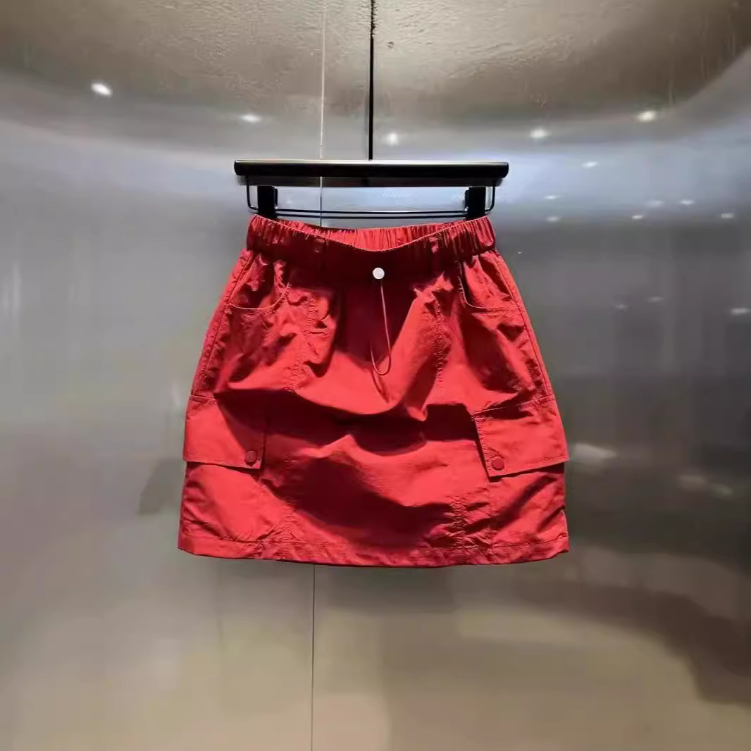Summer Thin Anti-running Light A- line Half Hip Skirt Multi-pocket Drawstring Stretch Waist Casual Work Skirt for Women