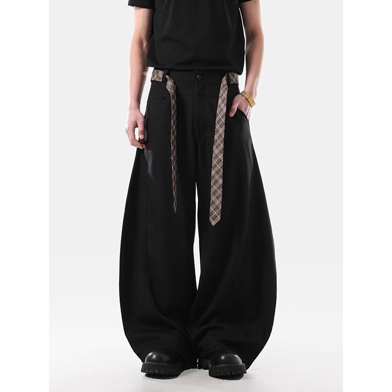American Trendy Brand Belt Design Scimitar Trousers Men's New Street Cleanfit Wide-Leg Draped Casual Pants