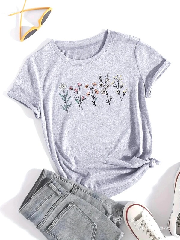 Short-Sleeve Neck Top Summer Women's Printed T-Shirt Casual Crew Aesthetic Clothing Short-Sleeve Summer Outfit