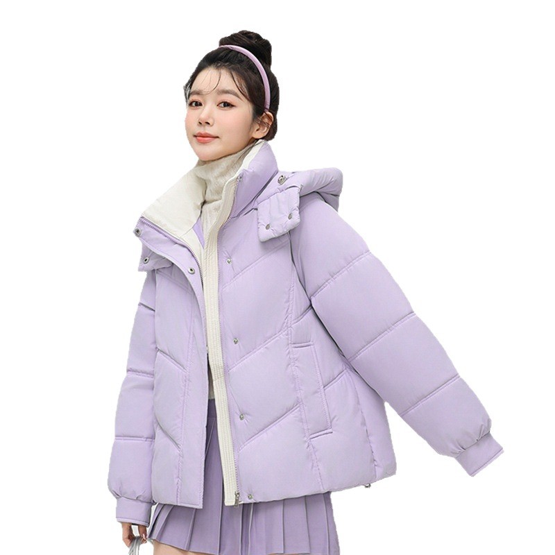 Algodón mujer 2025 otoño y invierno nuevo estilo coreano corto engrosado plumón chaqueta de algodón pequeño suelto chaqueta con capuzas de color contraste
