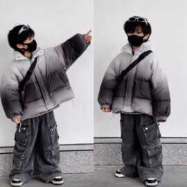 羽绒服童装冬季撞色渐变色上衣立领宽松国潮保暖儿童205外套