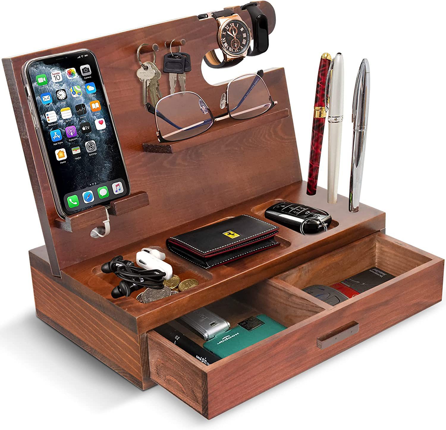 Desktop Mobile Phone Docking Station Multifunctional Wooden Mobile Phone Base Desktop Mobile Phone Holder Key Rack Charging Bracket
