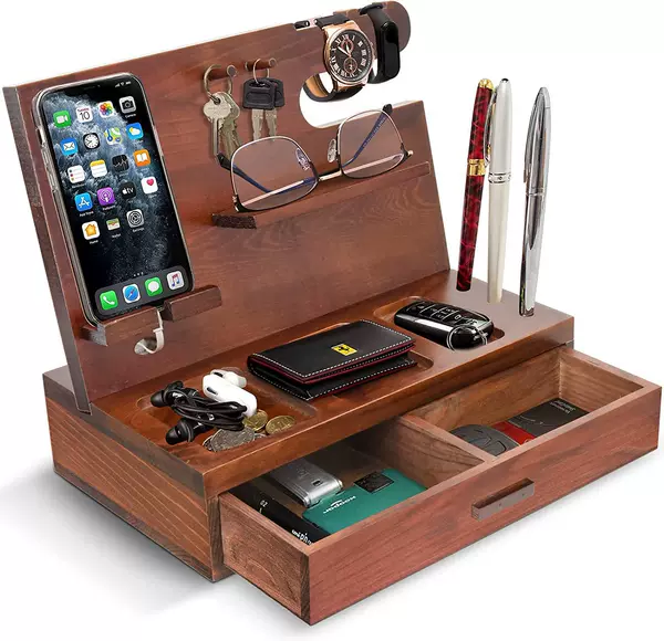 Desktop Mobile Phone Docking Station Multifunctional Wooden Mobile Phone Base Desktop Mobile Phone Holder Key Rack Charging Bracket