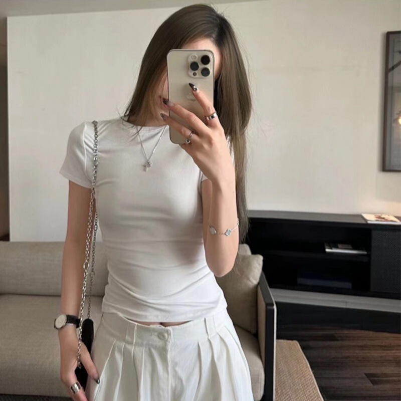 Oxygen cartoon body white shoulder T-shirt women's sports summer slim fit sexy slimming solid color round neck top