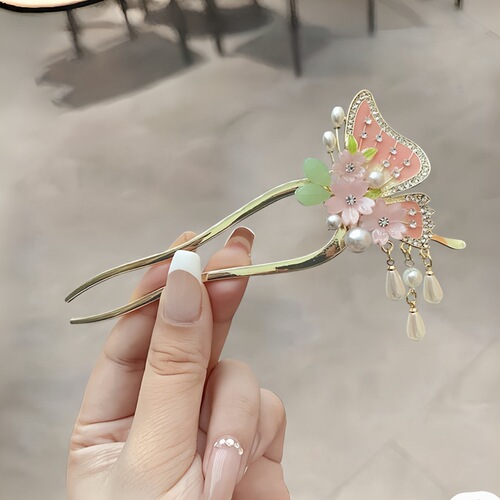 New Chinese style flower butterfly hairpin pearl tassel hairpin ancient costume Hanfu cheongsam plate headdress accessories hairpin