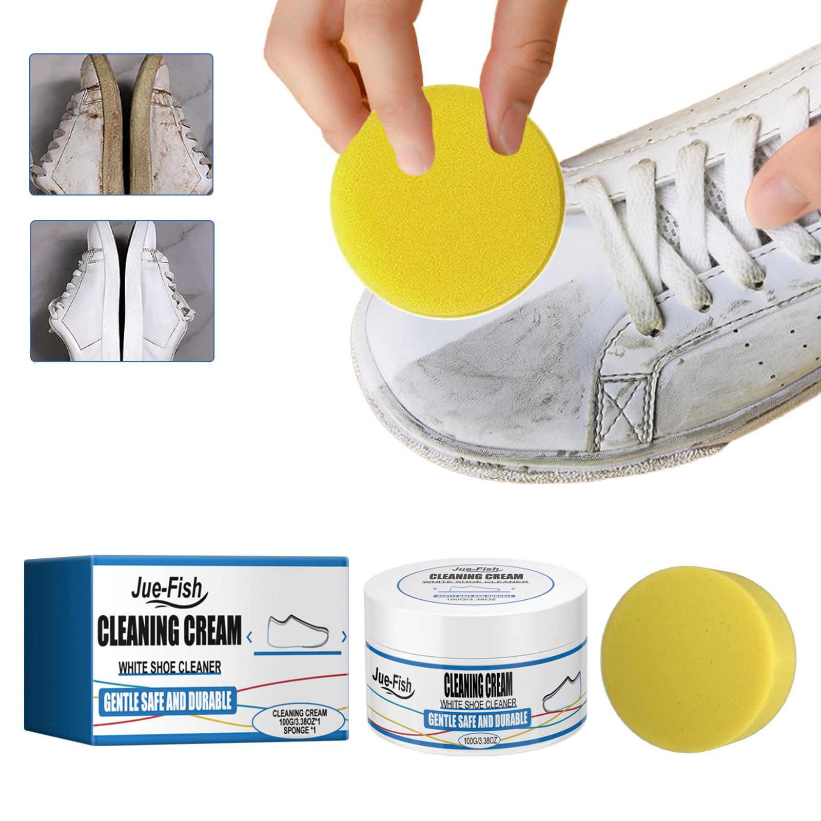 Jue Fish White Sneaker Cleaning Cream - Instantly Whitens, Magic Clean, Wash-Free Athletic Canvas Shoe Stain Remover