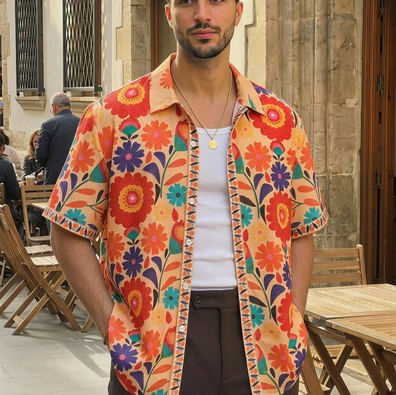 Retro colorful large floral print short-sleeve shirt for men, holiday style, loose fit, casual floral shirt Retro colorful large floral print short-sleeve shirt for men, holiday style, loose fit, casual floral shirt