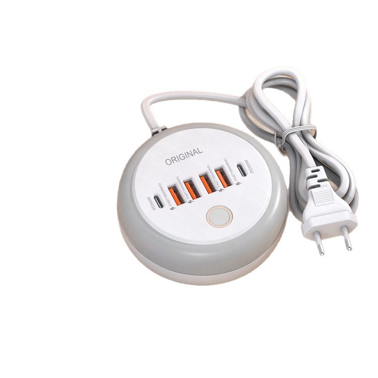跨境新款圆形PD50W多口快充排插多功能带灯4USB+双Type-C智能充头