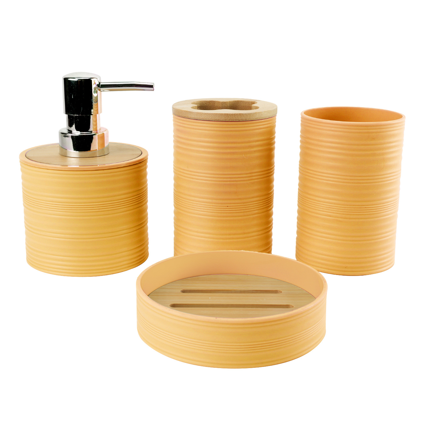 Tapa de bambú de patrón horizontal Juego de plástico de lavado de baño de cuatro piezas de fábrica al por mayor Estante de almacenamiento de baño Estante de enjuague Funda de estante de cepillo de dientes