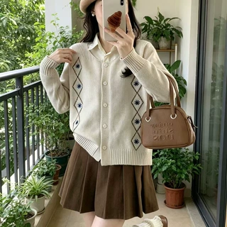 复古菱格提花刺绣针织开衫女秋冬新款圆领宽松显瘦气质针织外套女