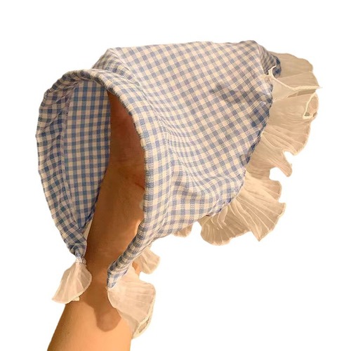 发箍款法式蓝色格子蕾丝三角巾女包头田园风发带高级感海边氛围感