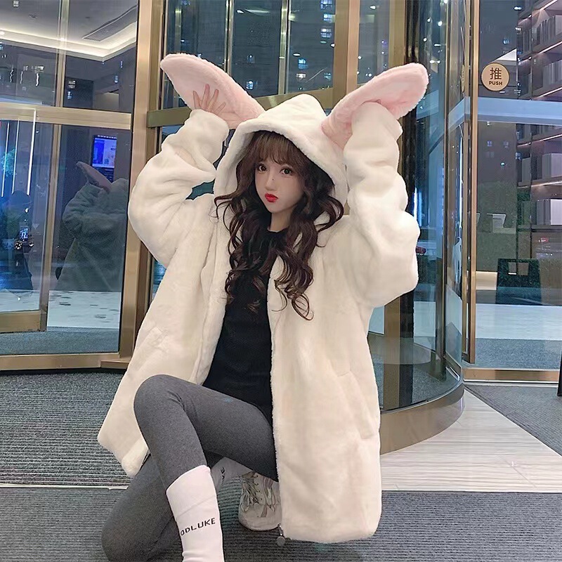 1249# official figure double-sided plush cute hooded rabbit ear coat women fall/winter 2022 new plush