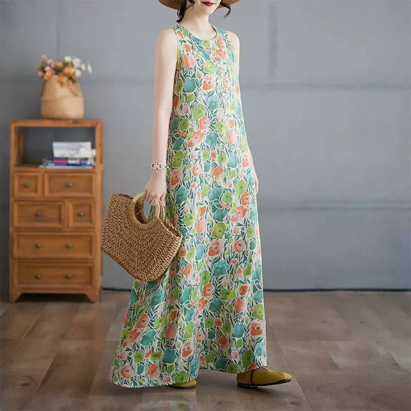 2025 реальный выстрел новая богемная длинная юбка летнее новое жирное платье без рукавов с круглым вырезом