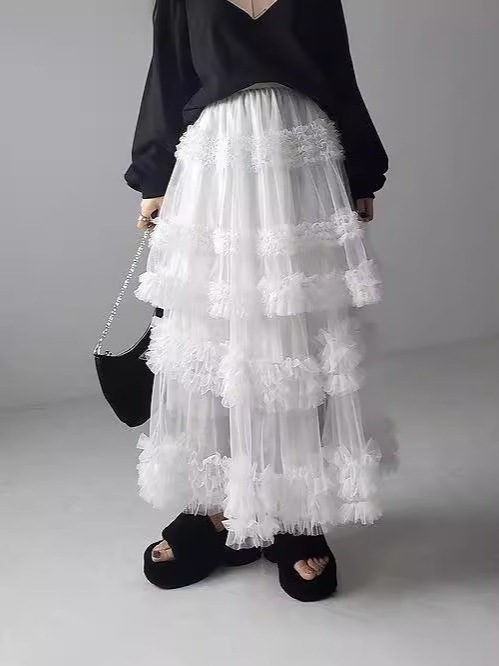 厳選された春夏向けガーゼスカート、新作日本風ロングスカート、女性用、露出防止三層手縫いメッシュAラインスカート