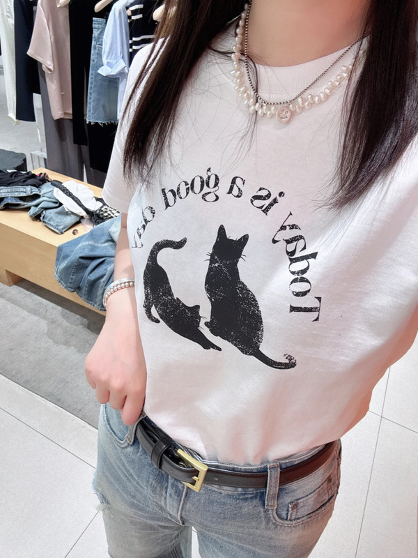25SS YBオープン/ニッチデザイナーMoの猫かわいいプリントレター半袖ルーズTシャツ女性用|undefined