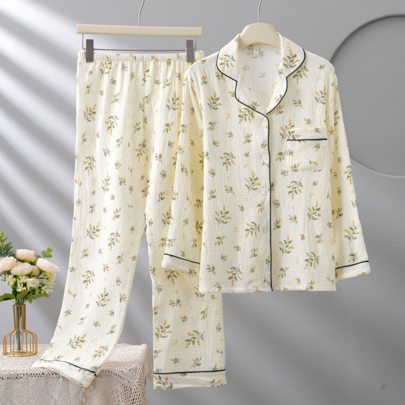 Double-Layer Cotton Gauze Pajamas for Women, Pure Cotton, Spring and Autumn, Simple Lapel, Long-Sleeved, Long-Pants, All-Cotton Loungewear Two-Piece Set Double-Layer Cotton Gauze Pajamas for Women, Pure Cotton, Spring and Autumn, Simple Lapel, Long-Sleeved, Long-Pants, All-Cotton Loungewear Two-Piece Set