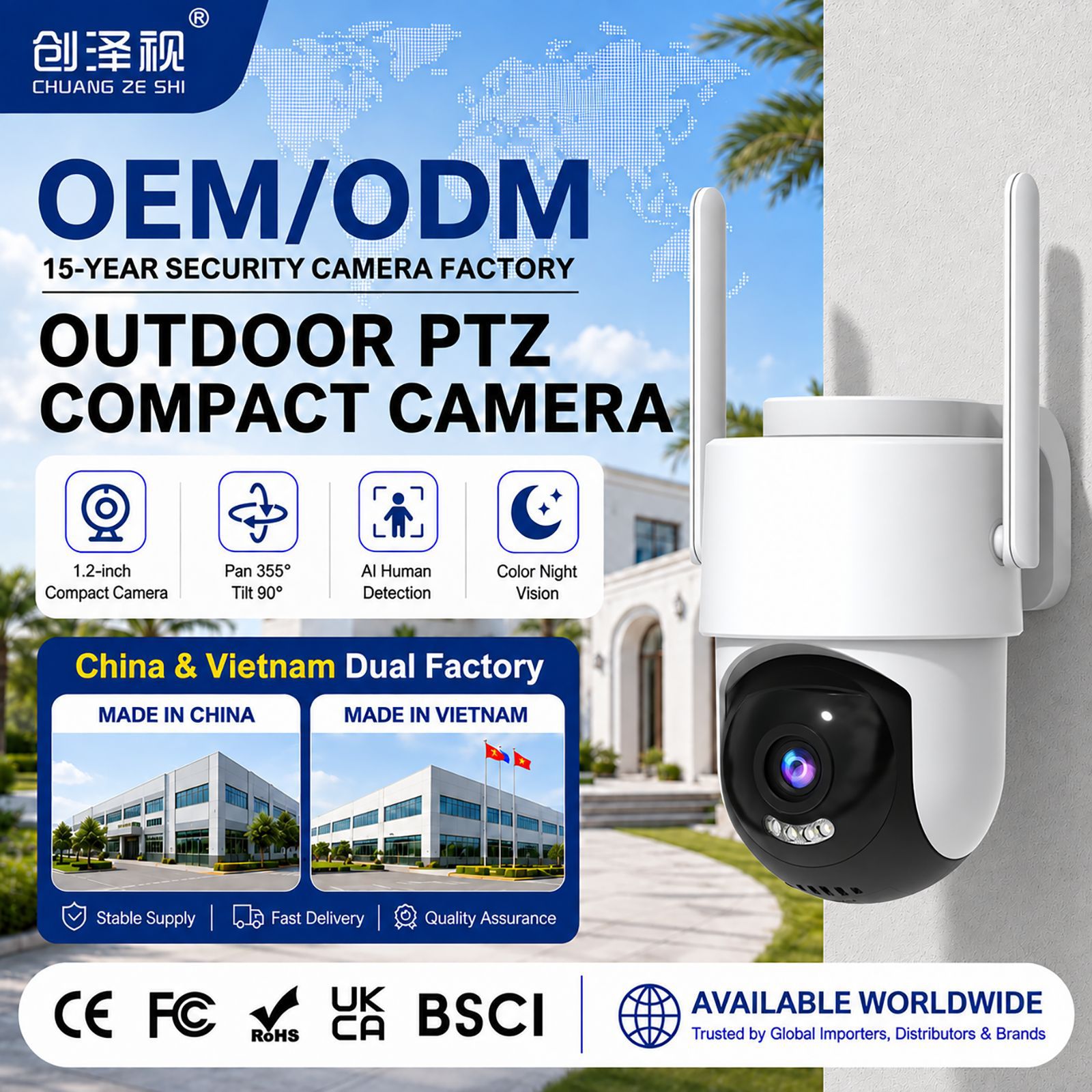 Cámara de Seguridad PTZ Inalámbrica 1.2 pulgadas de ABS Impermeable con Visión Nocturna HD para Interiores y Exteriores image 1