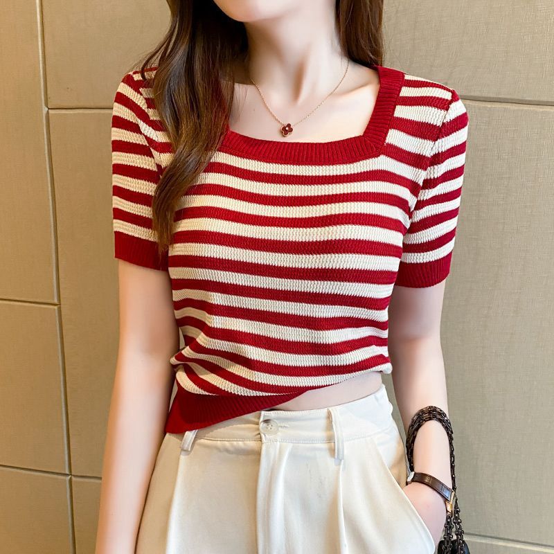 Short-Sleeve T-Shirt for Women, Ice Silk Knit Striped Top, 2026 Summer New Style, Regular Shoulder Square Neck, Thin and Versatile