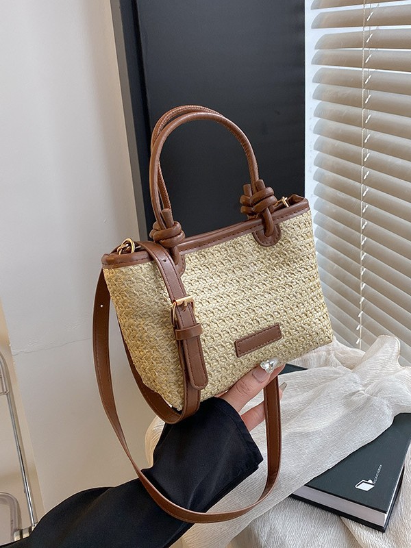 Cross-Border Retro Stitching Handbag Women's 2025 New Straw Fashion Shoulder Crossbody Bag Commuting Large Capacity